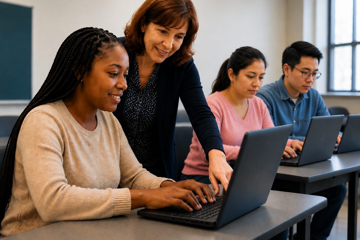 Instructor guiding a student on her laptop in a classroom