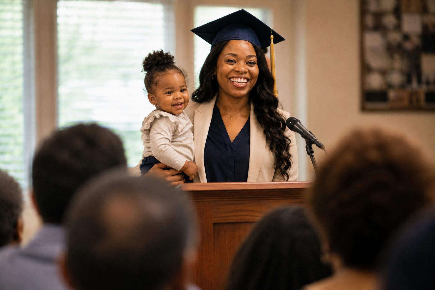 Graduate giving speech with her child